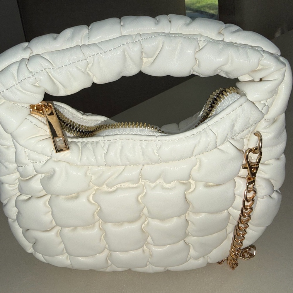 White Quilted Padded Top-Handle Bag with Gold Chain